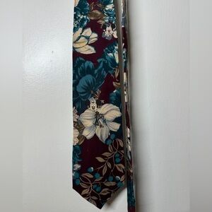 The Walt Disney Company Hidden Mickey Hawaiian Floral Teal Burgundy Neck Tie